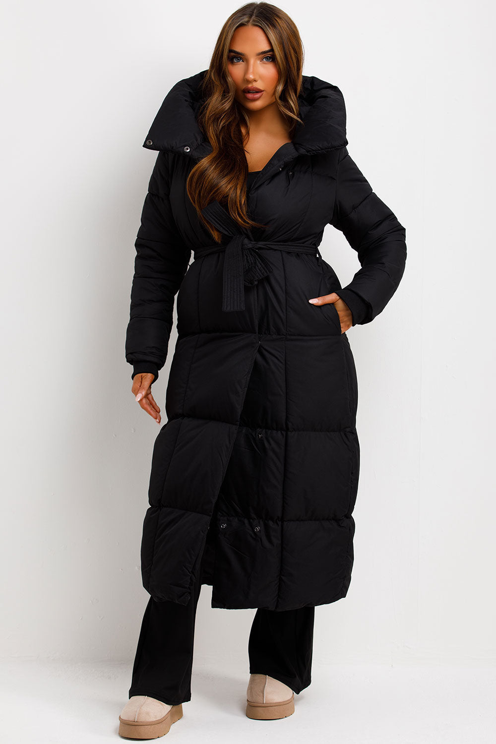 Long Puffer Coat With Hood And Belt Black