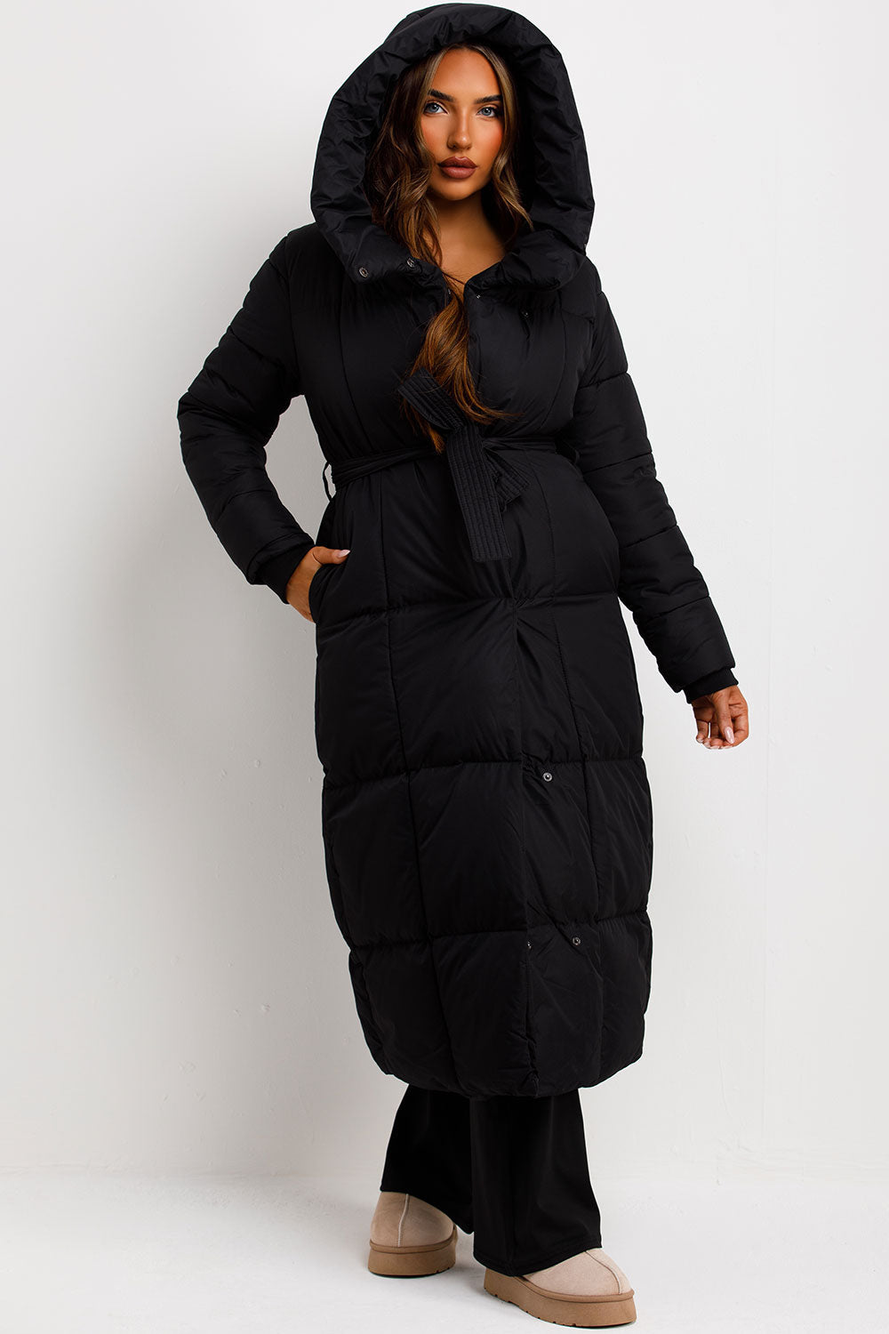 Long Puffer Coat With Hood And Belt Black