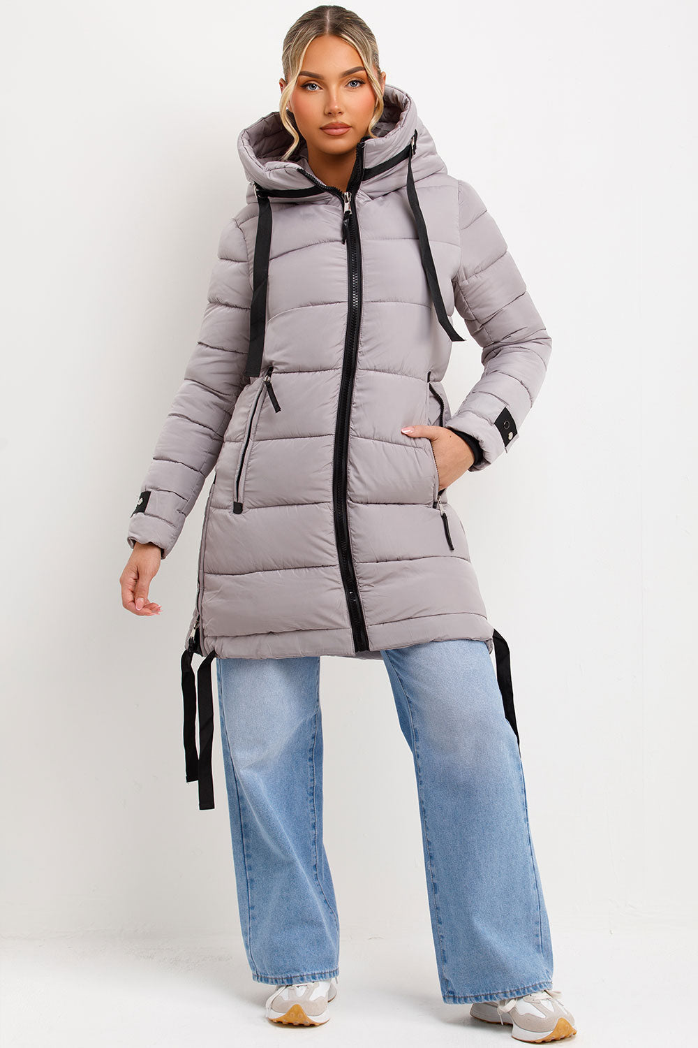 Long Puffer Coat With Hood And Side Straps Grey