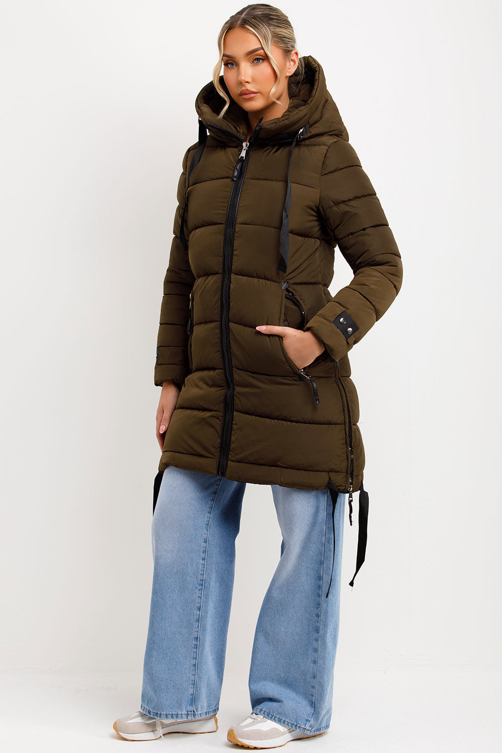 Long Puffer Coat With Hood And Side Straps Khaki