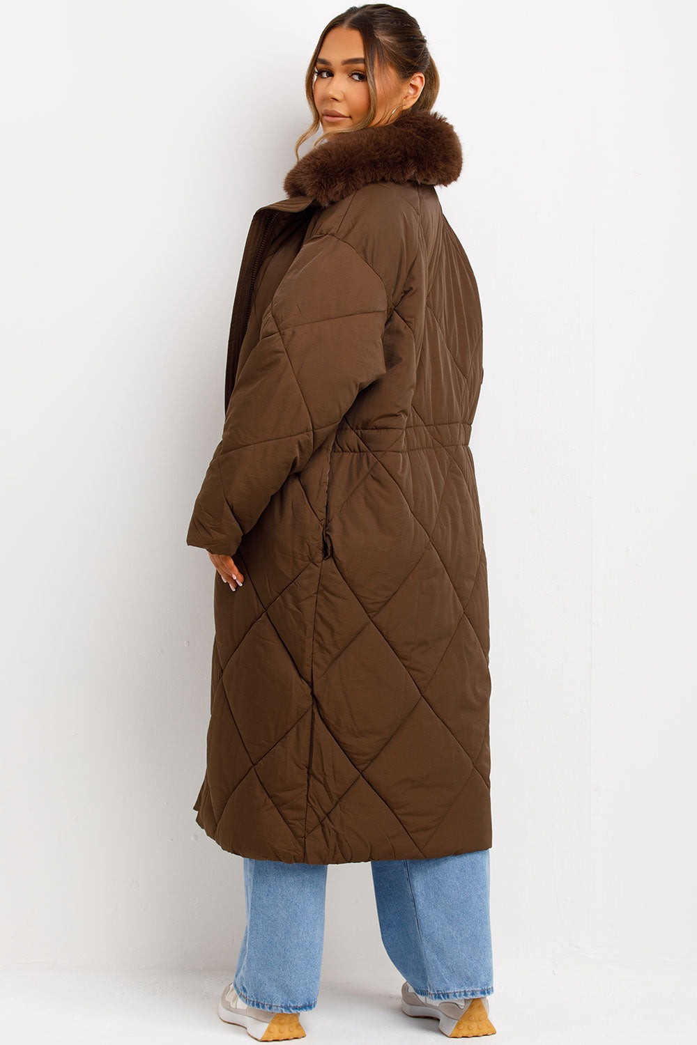 Long Puffer Quilted Coat With Fur Collar Brown