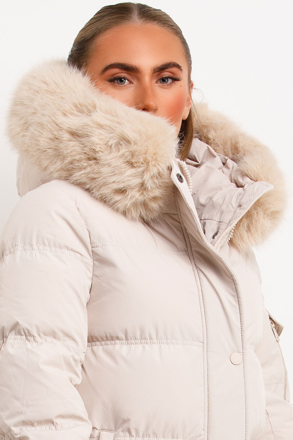 Long Puffer Coat With Fur Hood Beige