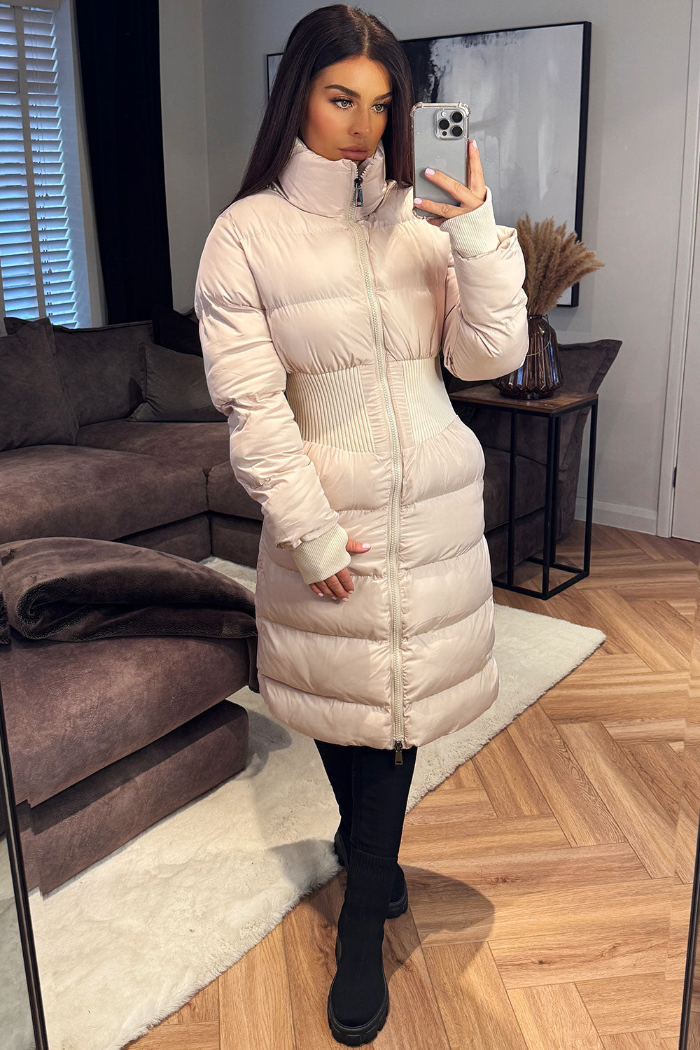 Puffer Padded Winter Coat With Contour Structured Detail Beige