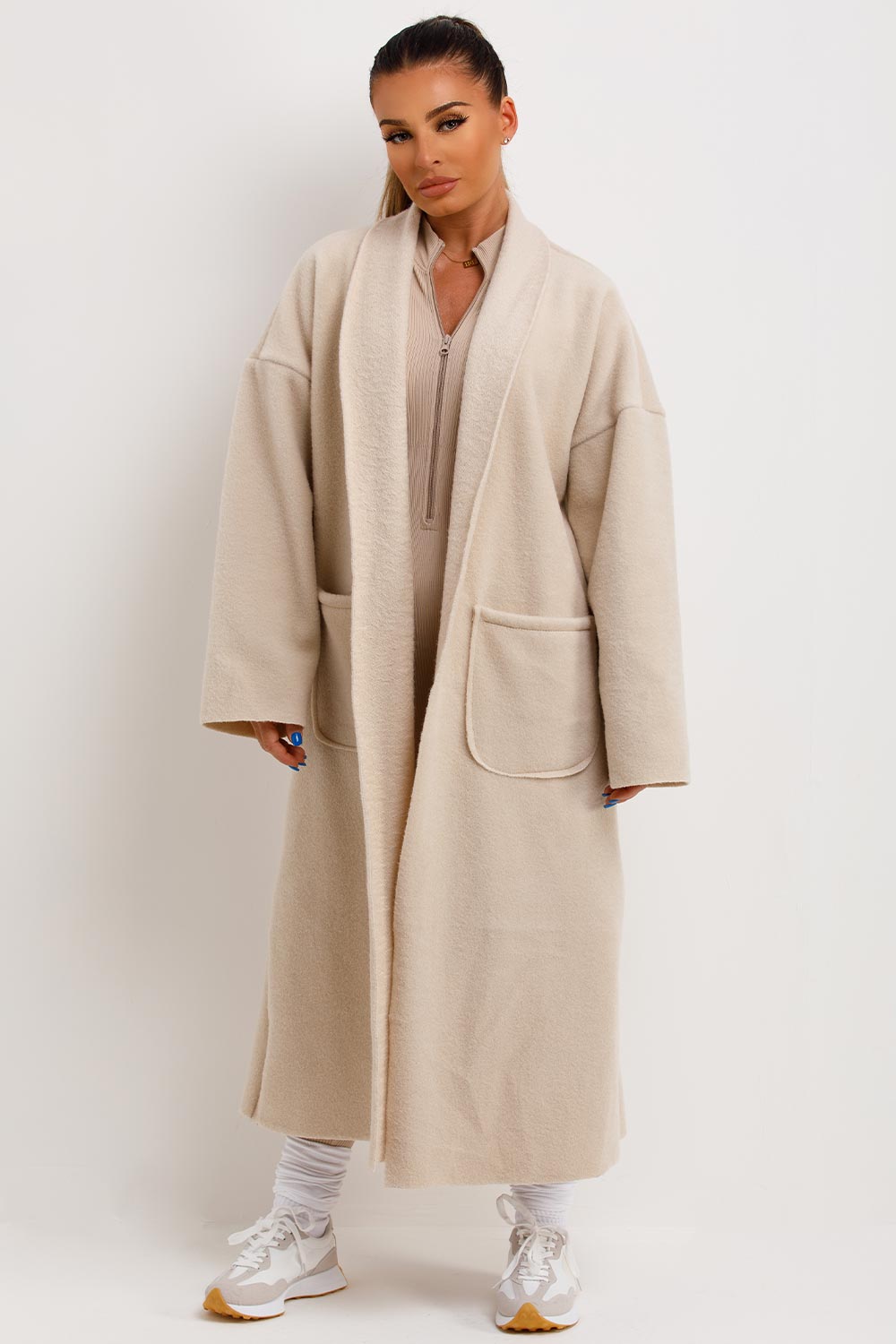 Longline Oversized Wool Look Coat With Pockets Beige