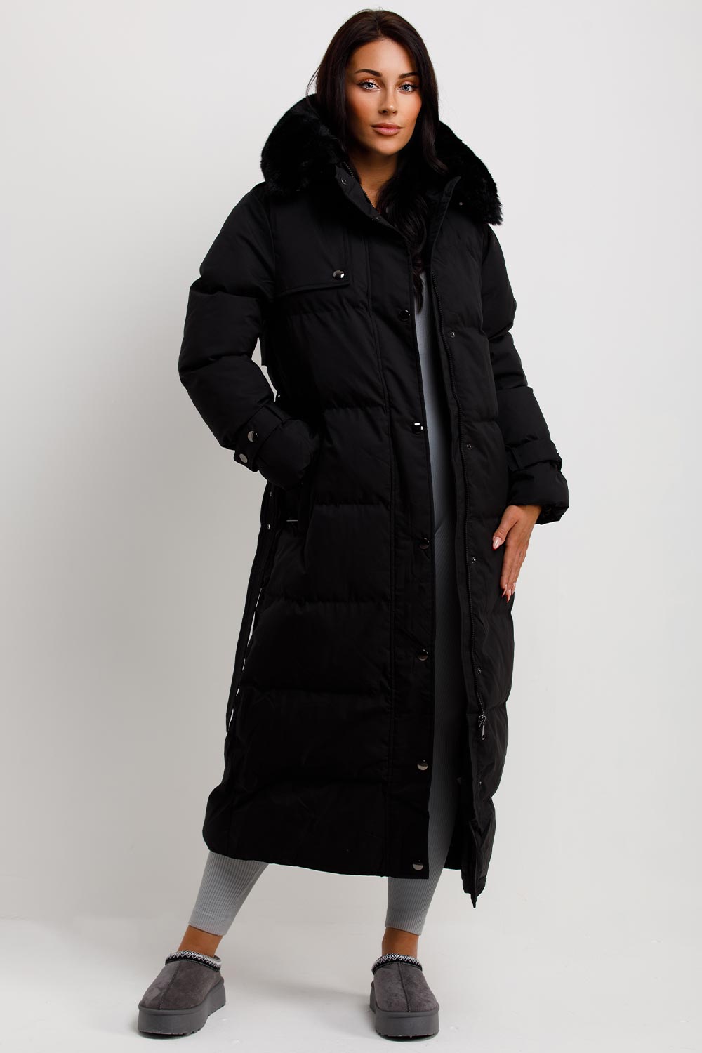 Long Puffer Trench Coat With Belt And Faux Fur Hood Black