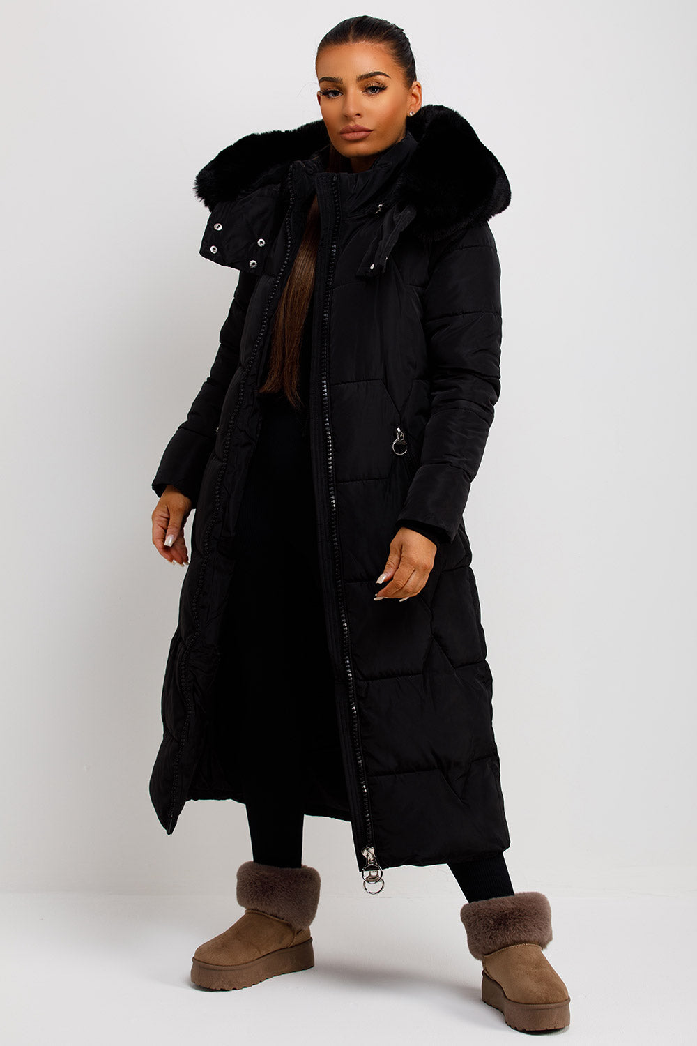 Long Puffer Padded Coat With Faux Fur Hood Black