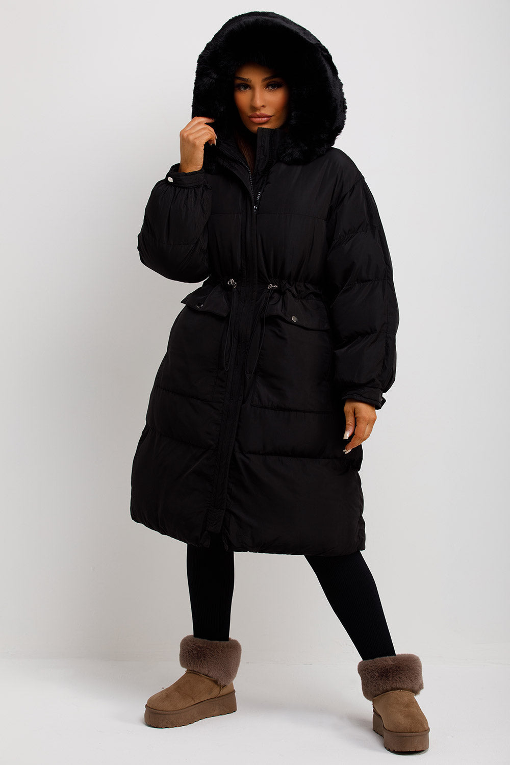 Long Black Puffer Coat With Faux Fur Hood And Drawstring Waist