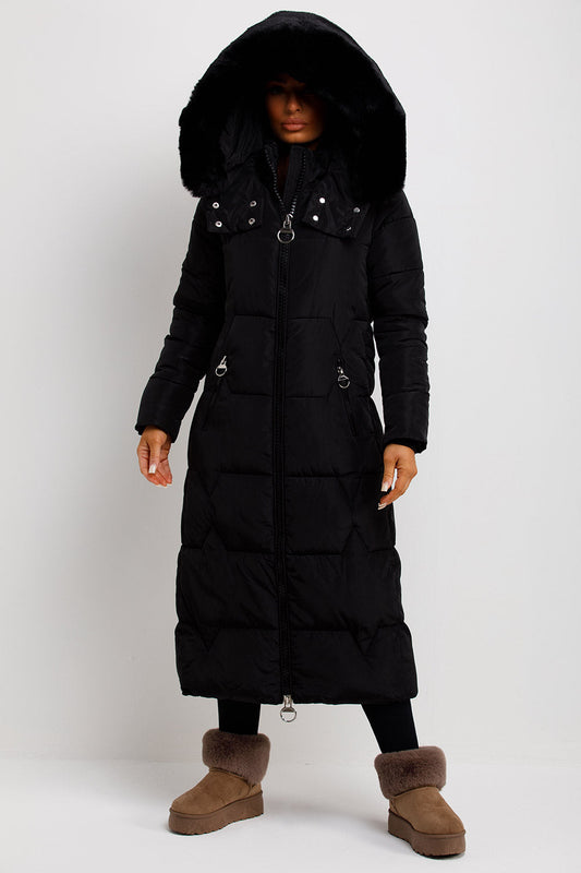 Long Puffer Padded Coat With Faux Fur Hood Black