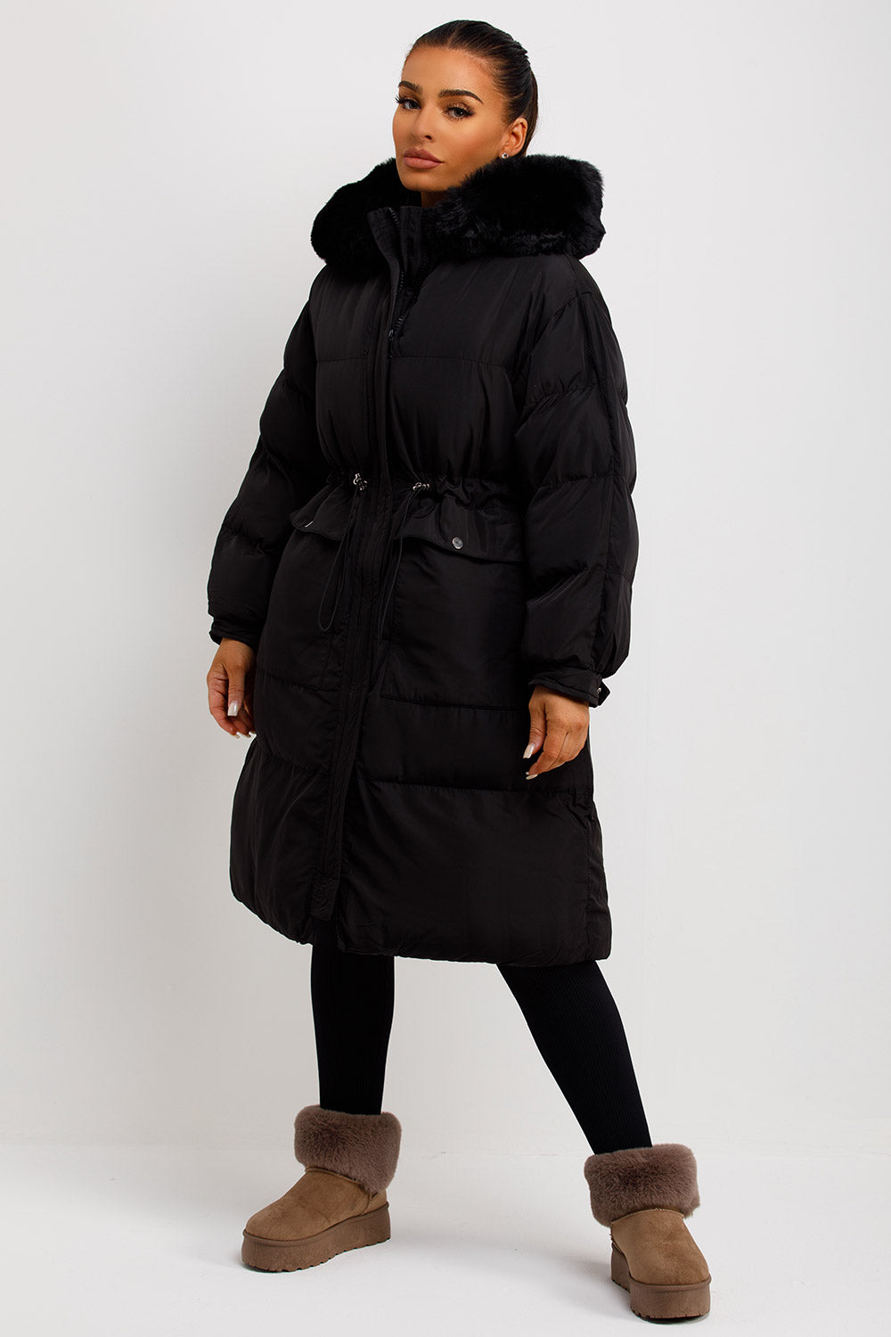 Long Black Puffer Coat With Faux Fur Hood And Drawstring Waist