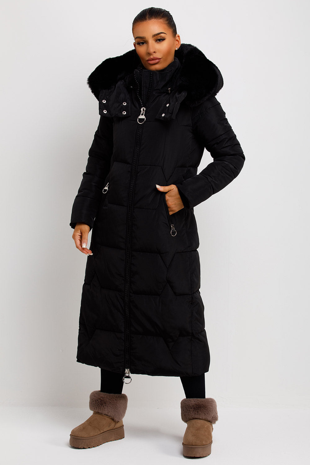 Long Puffer Padded Coat With Faux Fur Hood Black