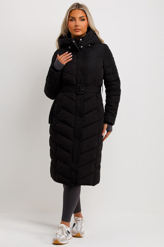 Long Padded Puffer Coat With Belt Black