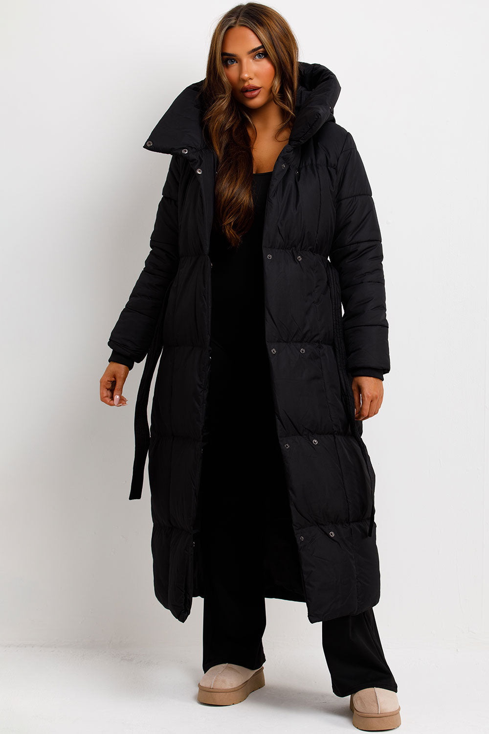 Long Puffer Coat With Hood And Belt Black