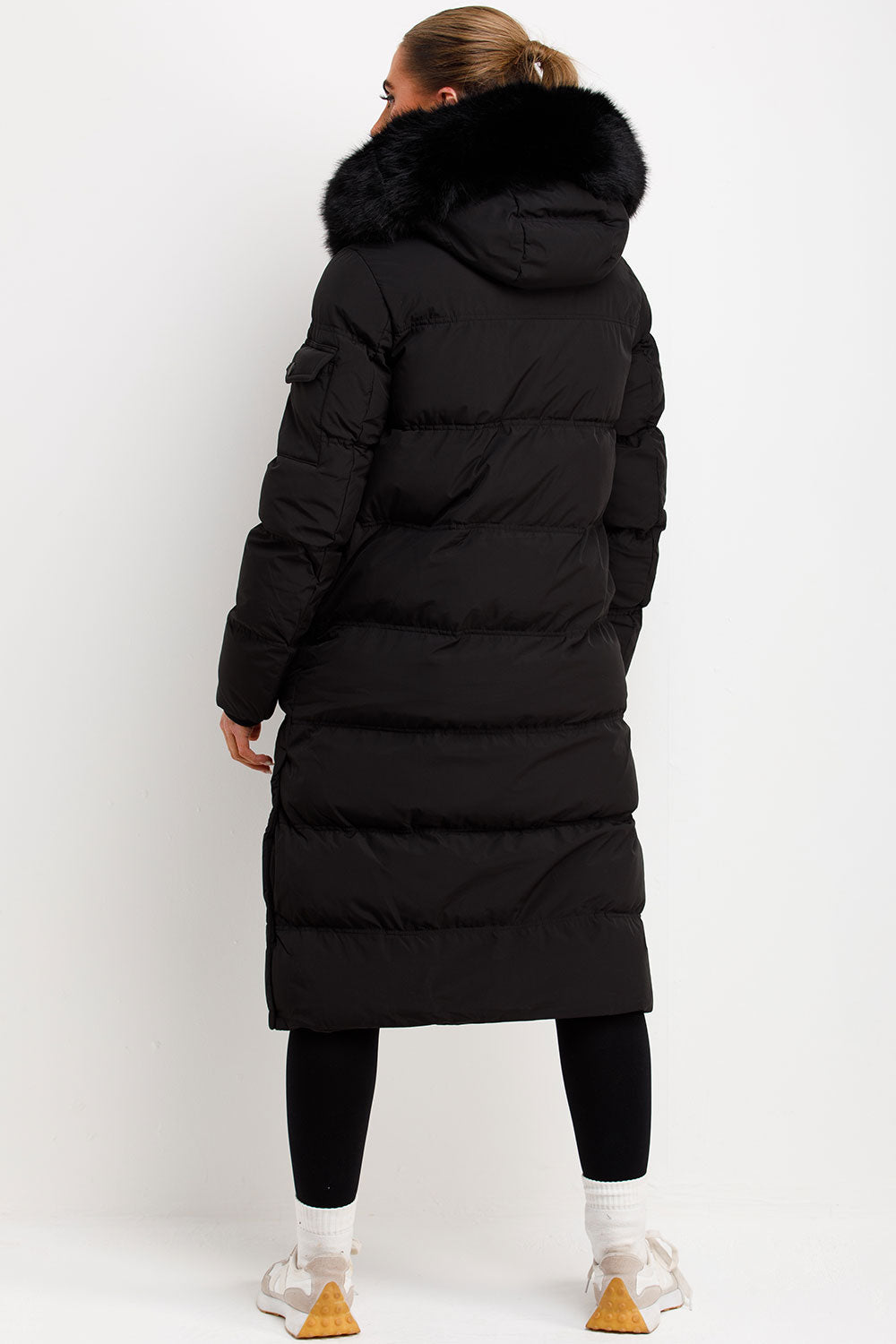 Long Puffer Coat With Fur Hood Black