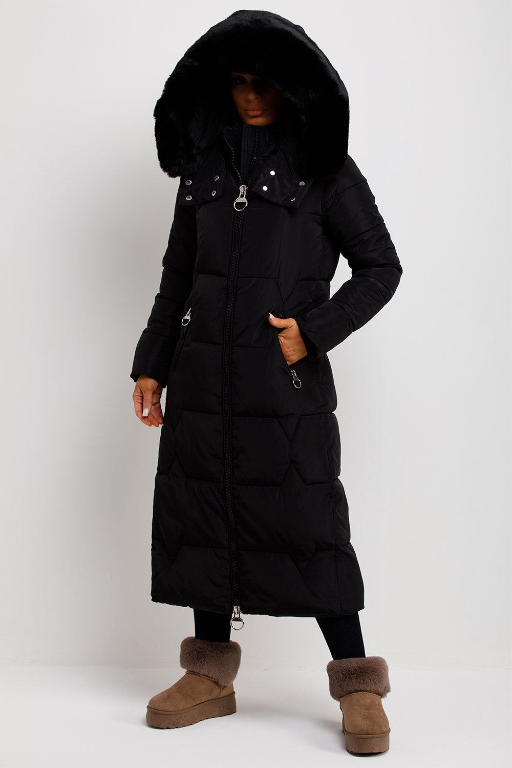 Long Puffer Padded Coat With Faux Fur Hood Black