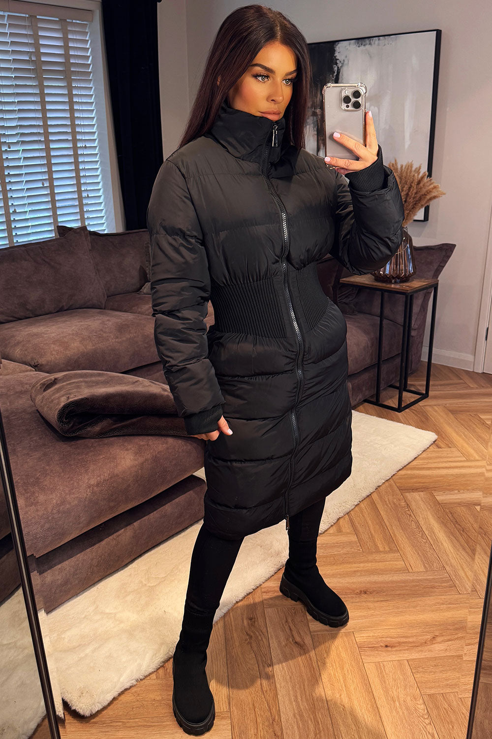 Puffer Padded Winter Coat With Contour Structured Detail Black