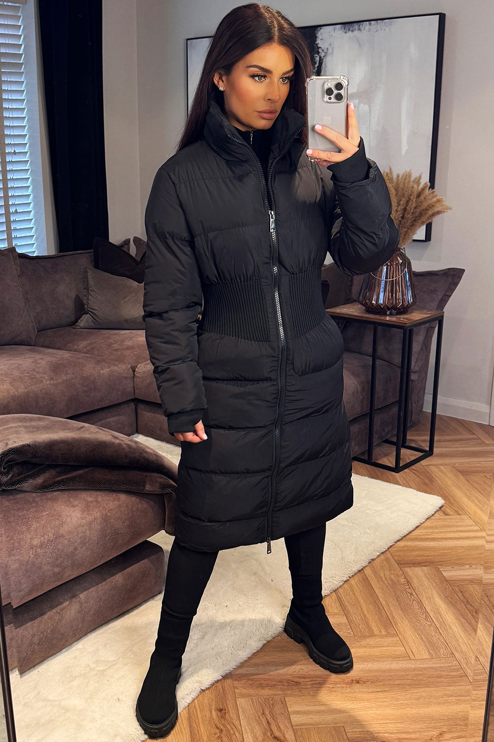 Puffer Padded Winter Coat With Contour Structured Detail Black