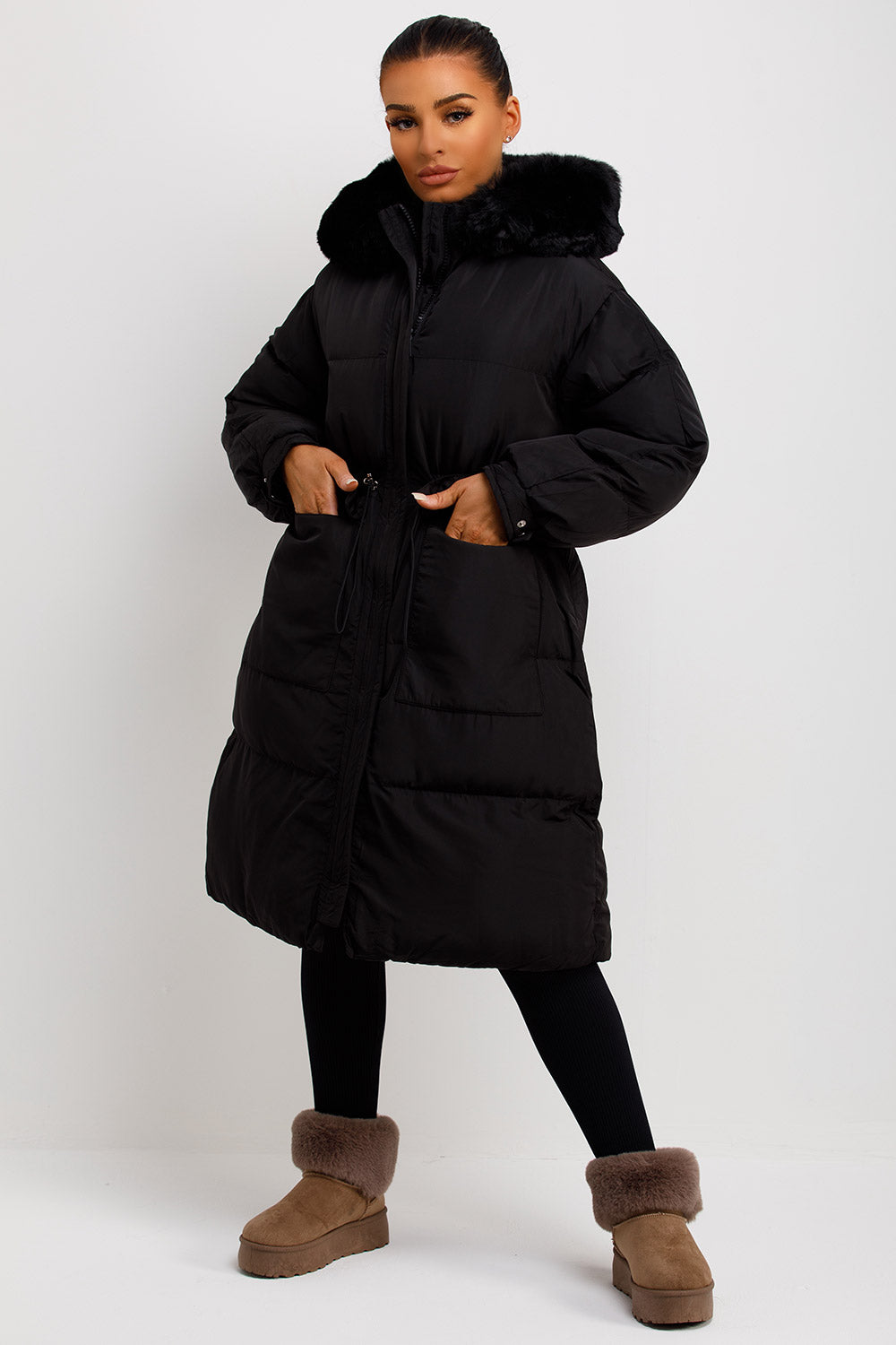 Long Black Puffer Coat With Faux Fur Hood And Drawstring Waist