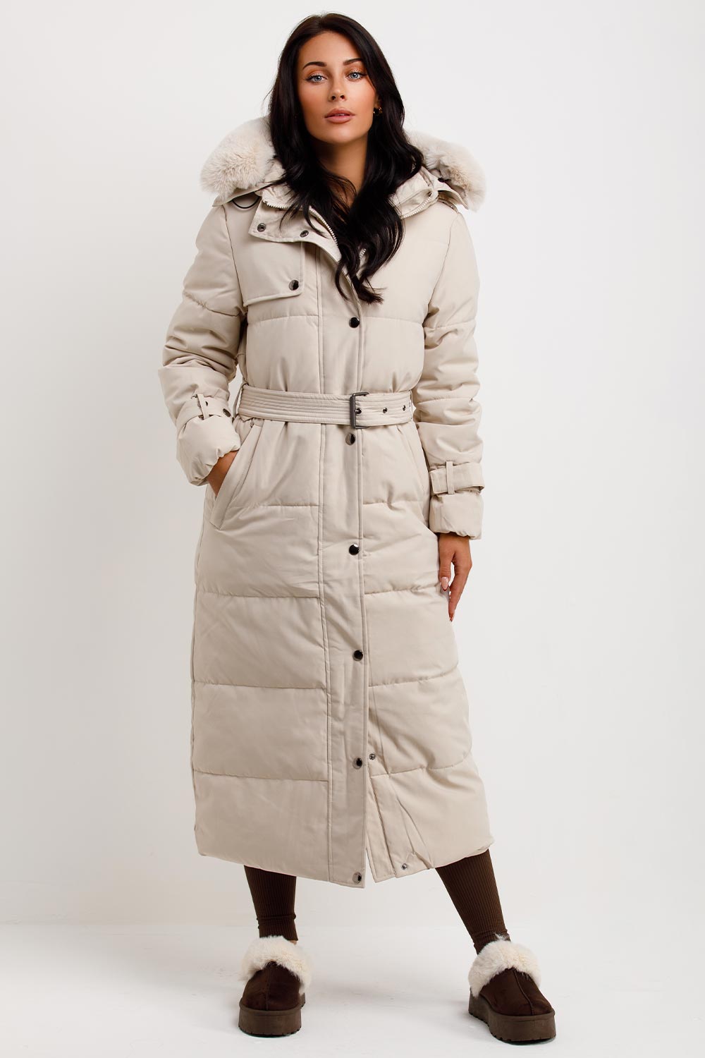 Long Puffer Trench Coat With Belt And Faux Fur Hood Beige