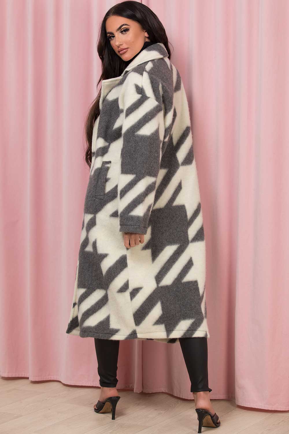 Grey Long Coat Dogtooth Print