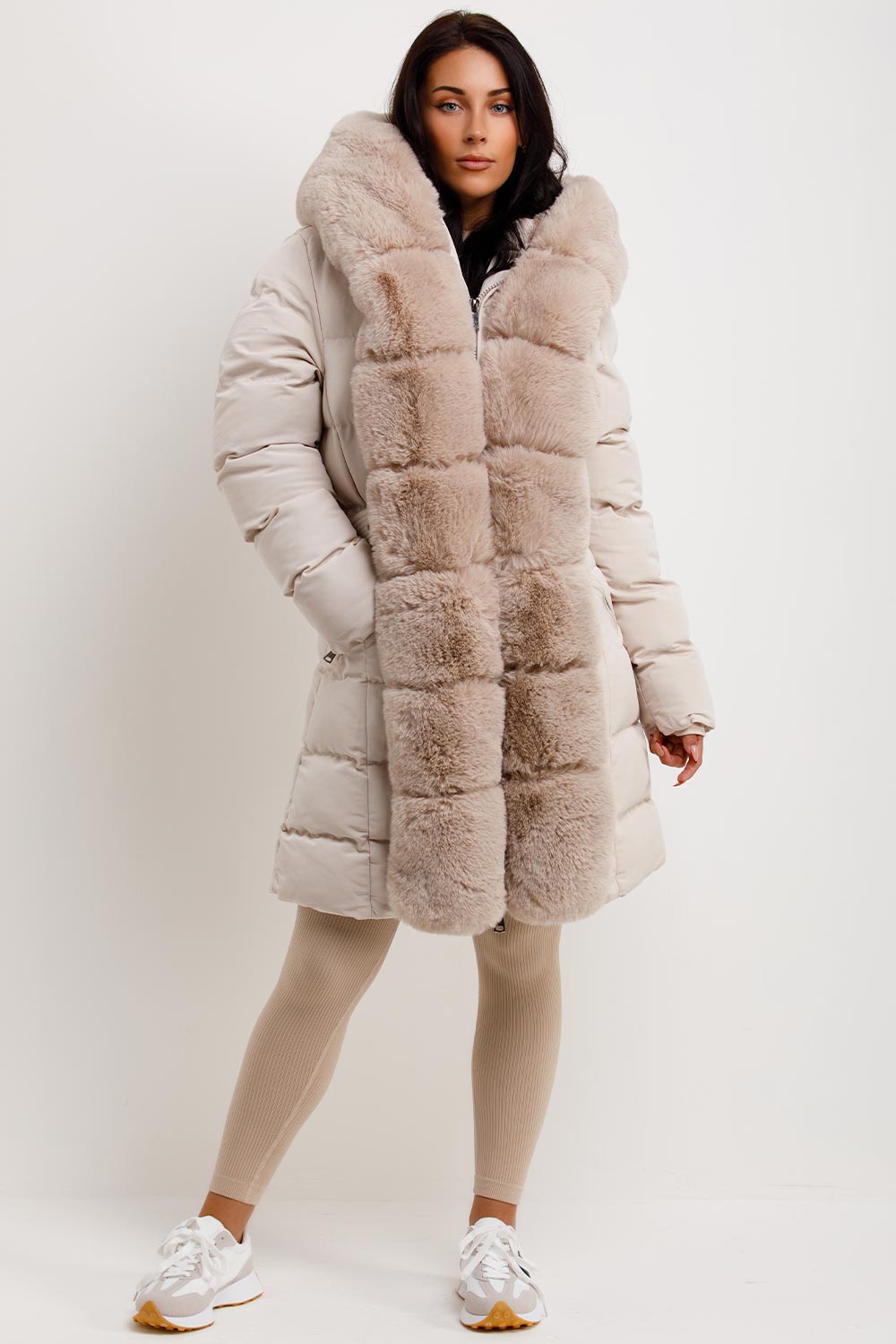 Beige Long Puffer Padded Coat With Faux Fur Hood And Trim