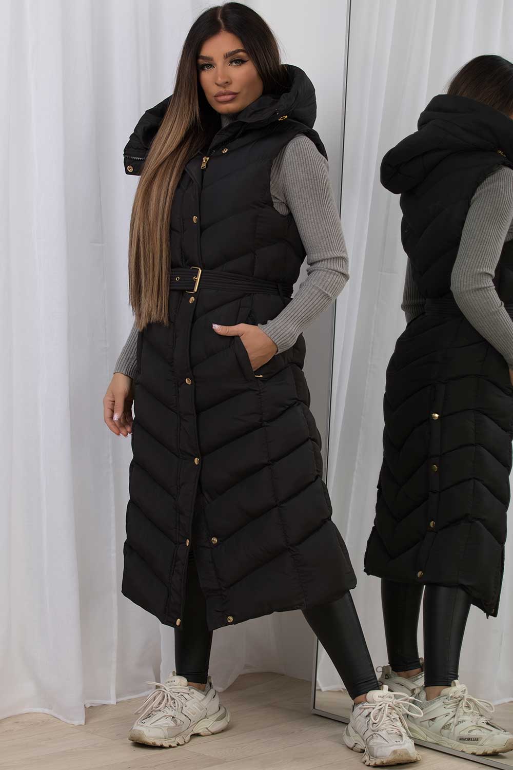 Long Gilet With Belt And Hood Black