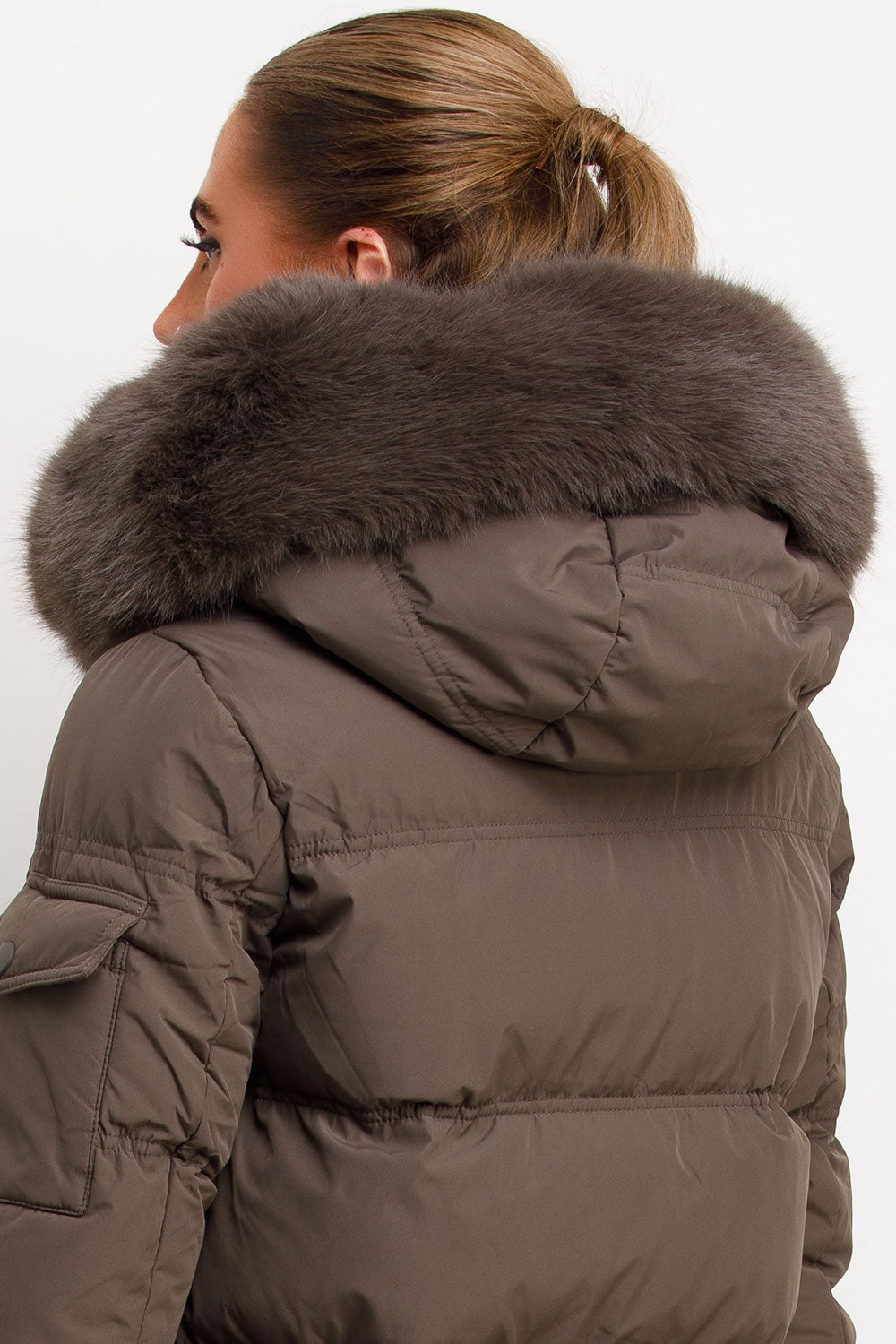 Long Puffer Coat With Fur Hood Khaki