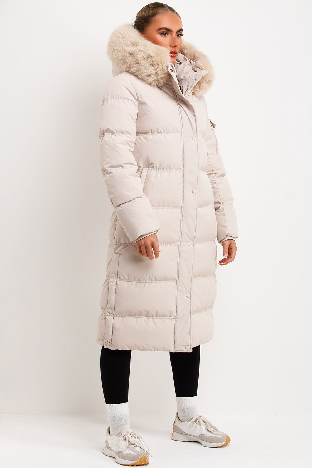 Long Puffer Coat With Fur Hood Beige