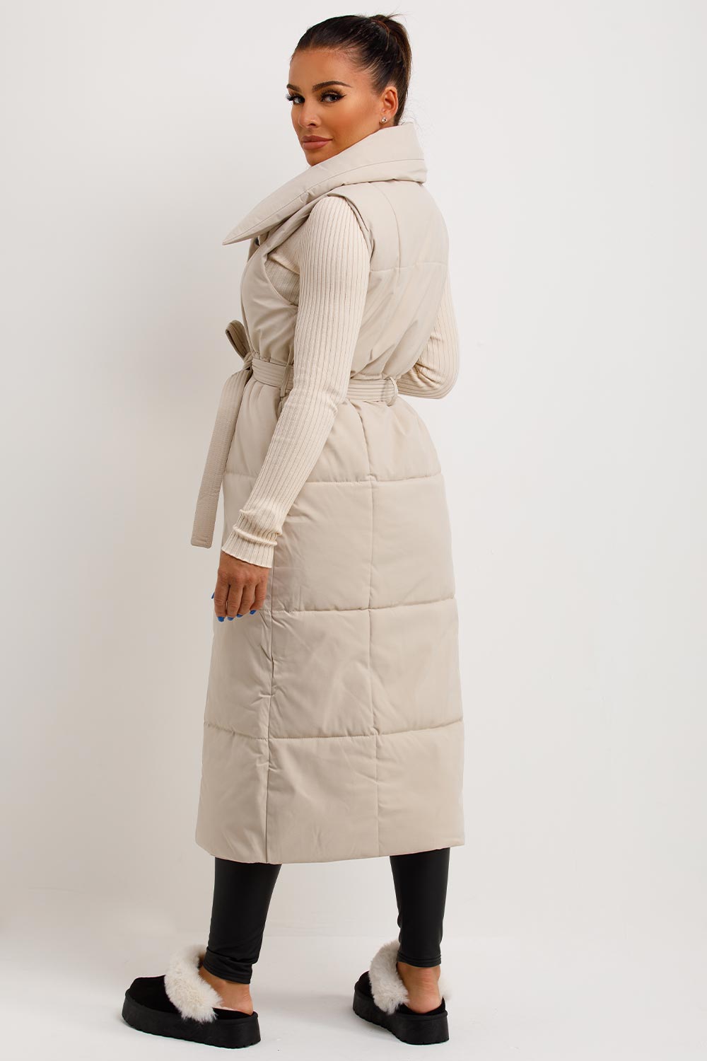 Beige Duvet Padded Gilet Longline