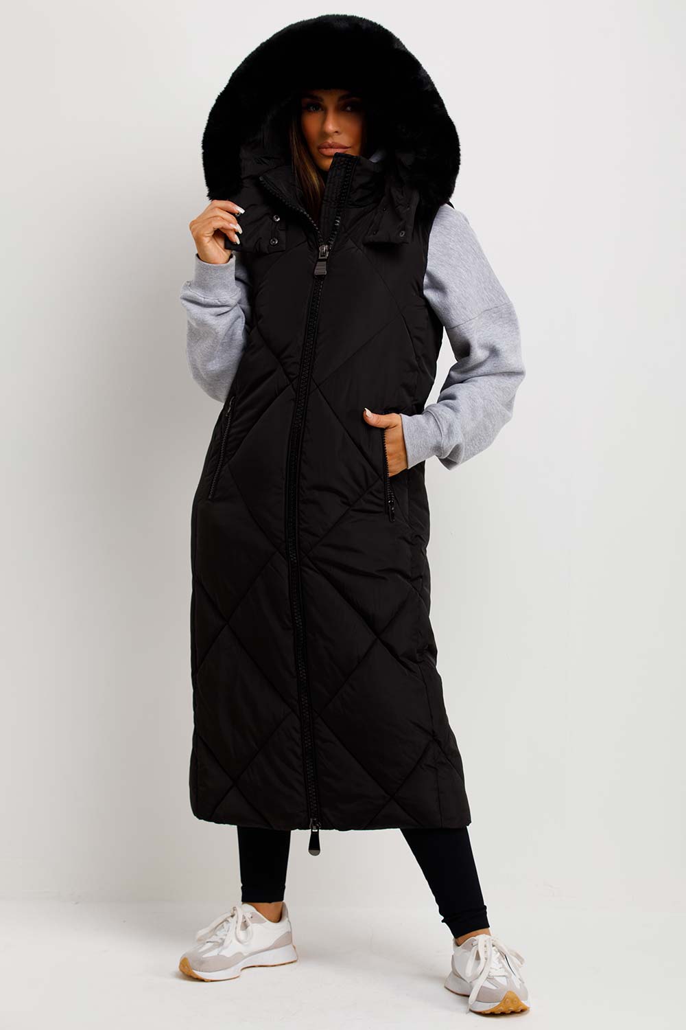 Black Long Puffer Gilet With Fur Hood