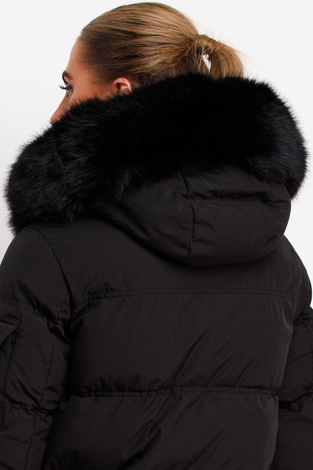 Long Puffer Coat With Fur Hood Black