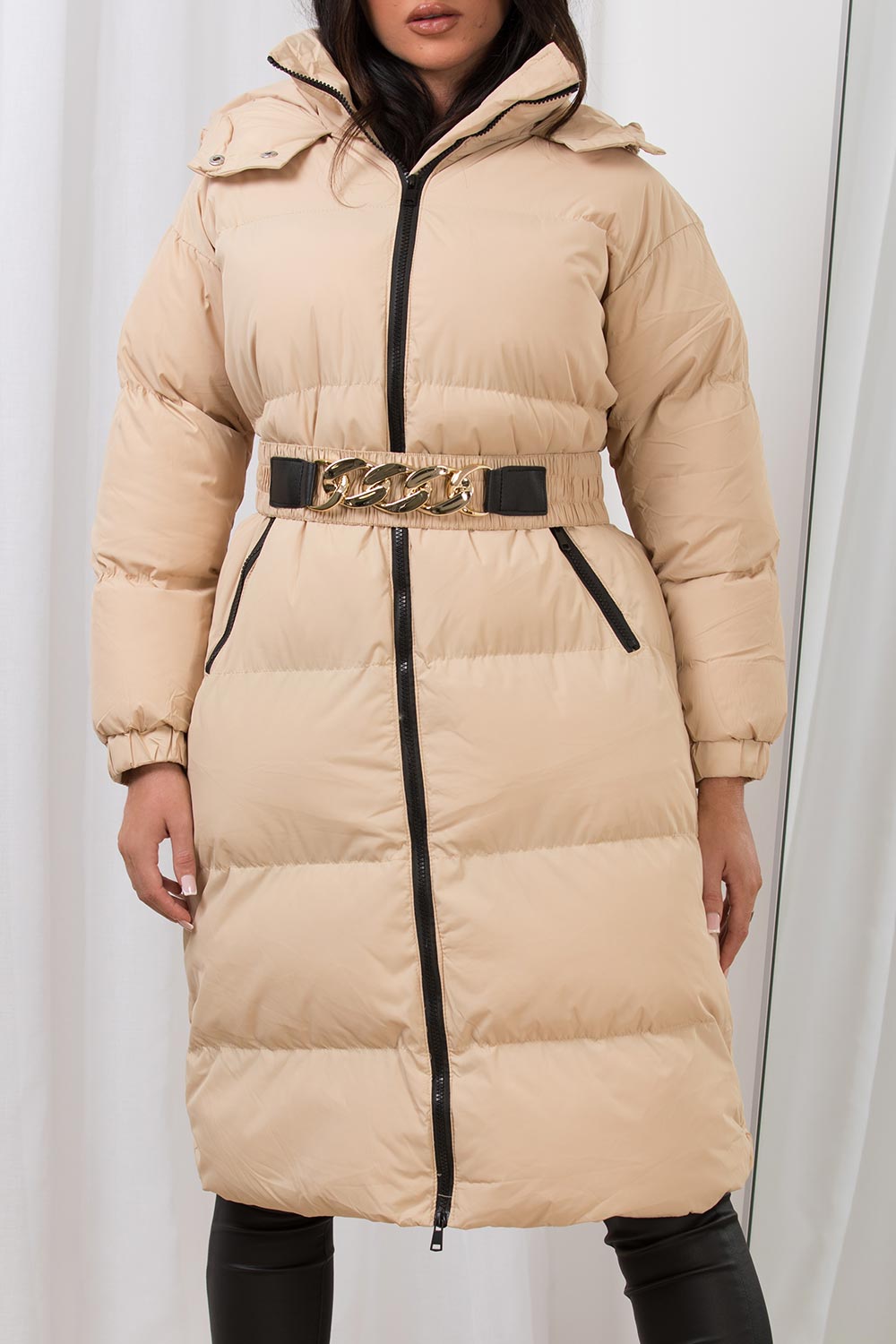 Long Puffer Padded Coat With Gold Chain Belt Beige