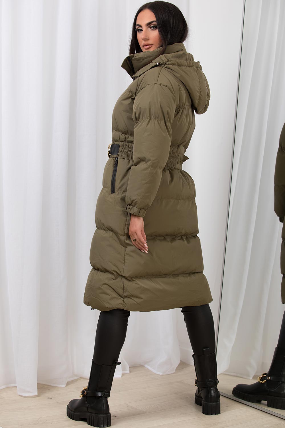 Khaki Long Puffer Padded Coat With Gold Chain Belt