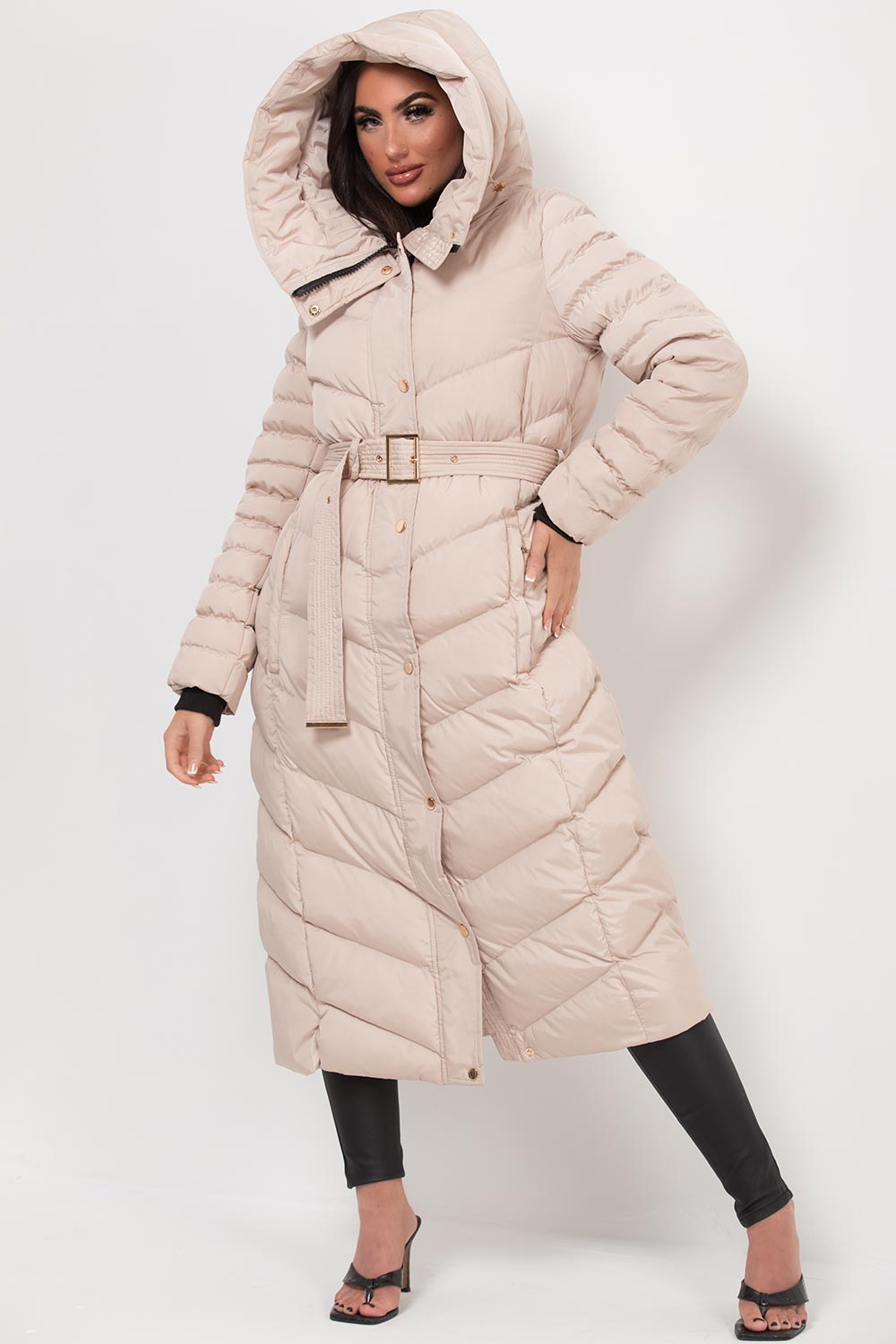 Long Puffer Down Coat With Belt Beige