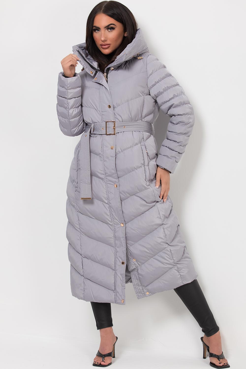 Long Puffer Down Coat With Belt Grey