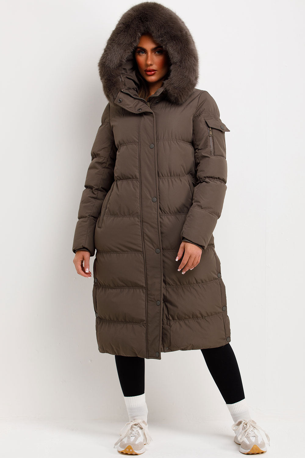 Long Puffer Coat With Fur Hood Khaki