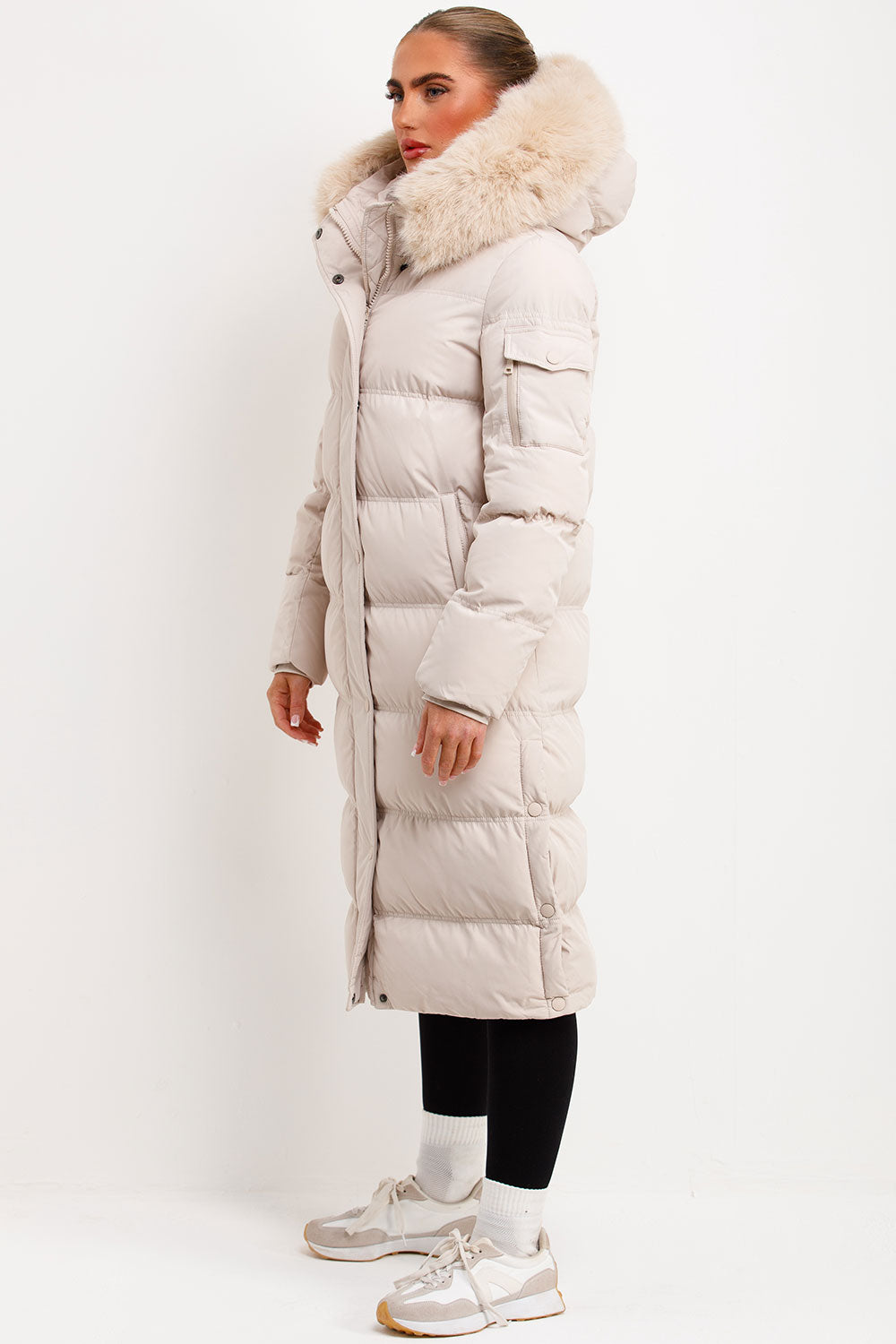 Long Puffer Coat With Fur Hood Beige