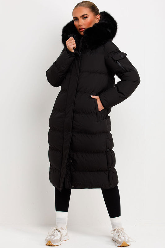 Long Puffer Coat With Fur Hood Black