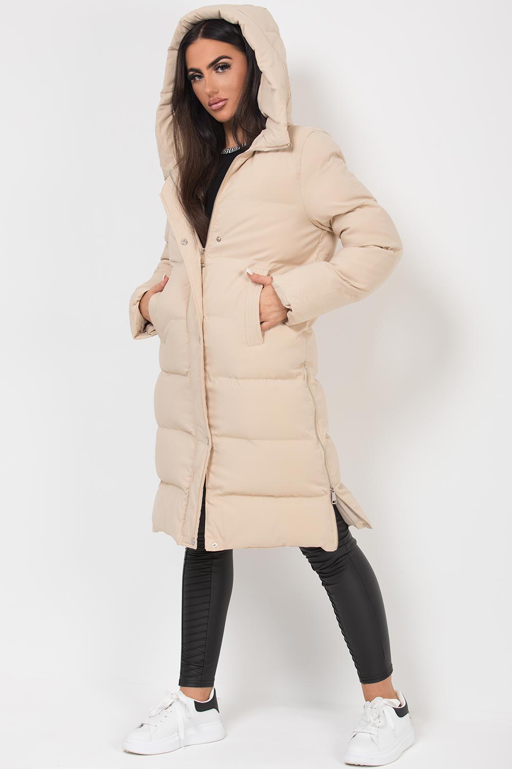 Long Puffer Coat With Side Zip Beige