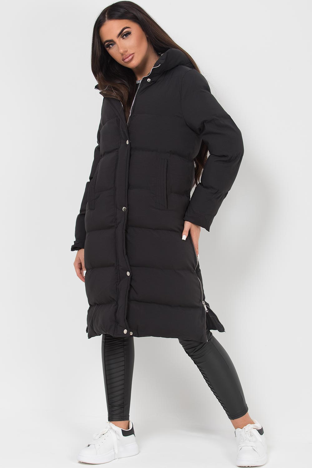 Long Puffer Coat With Side Zip Black