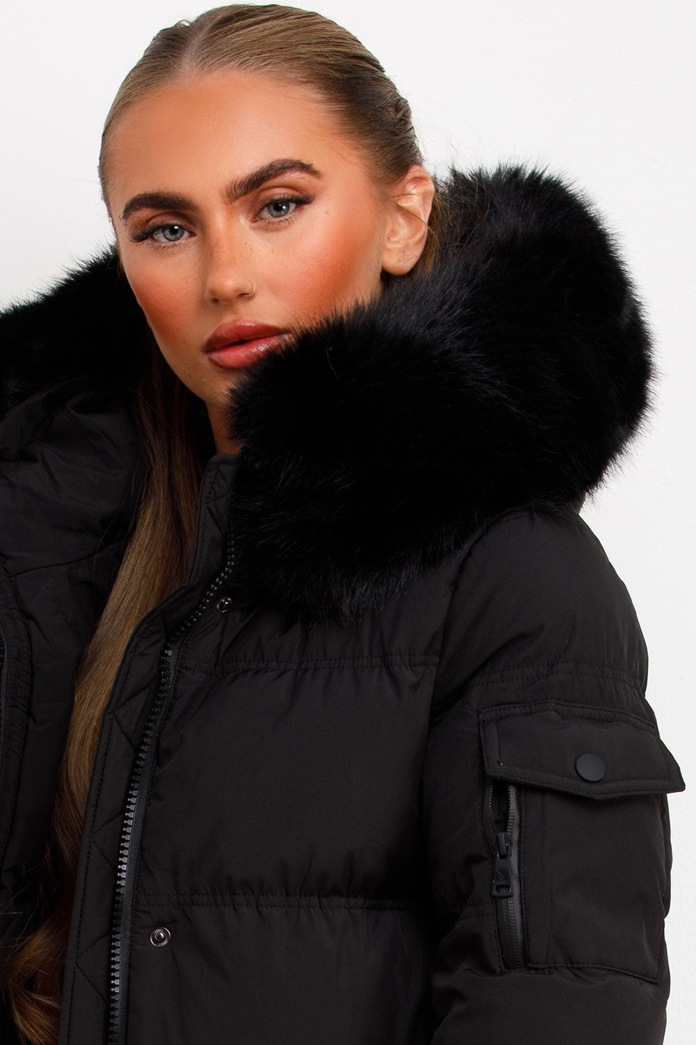 Long Puffer Coat With Fur Hood Black