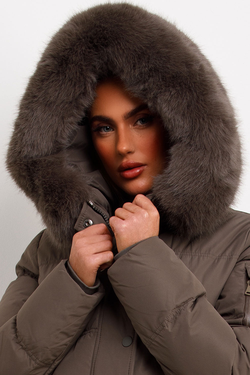 Long Puffer Coat With Fur Hood Khaki