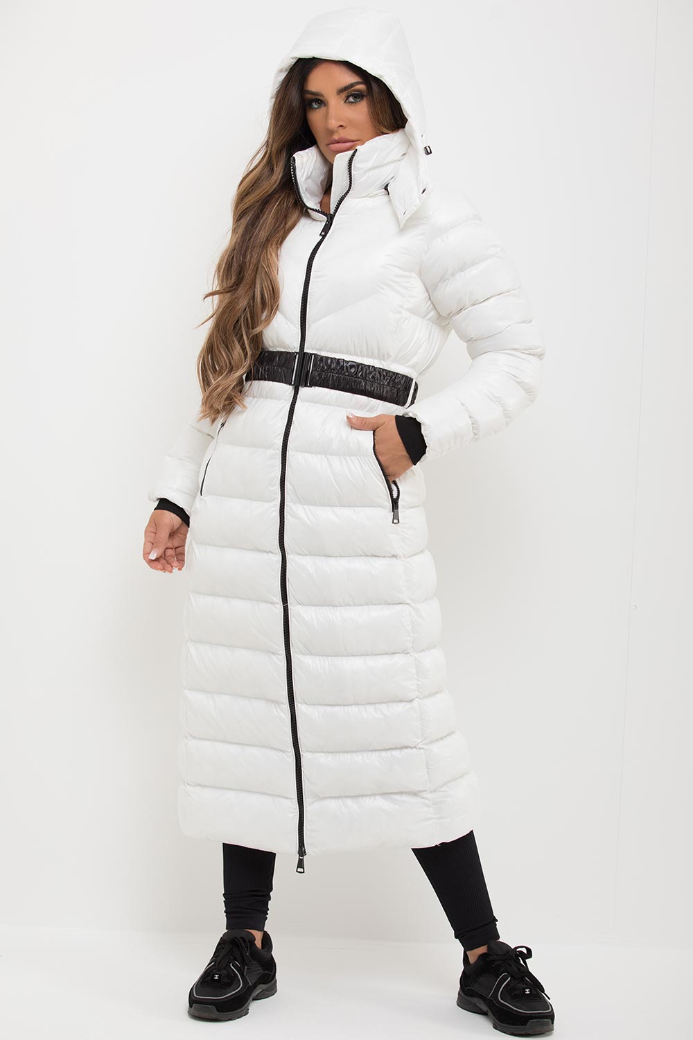 White Longline Puffer Padded Jacket With Hood & Belt