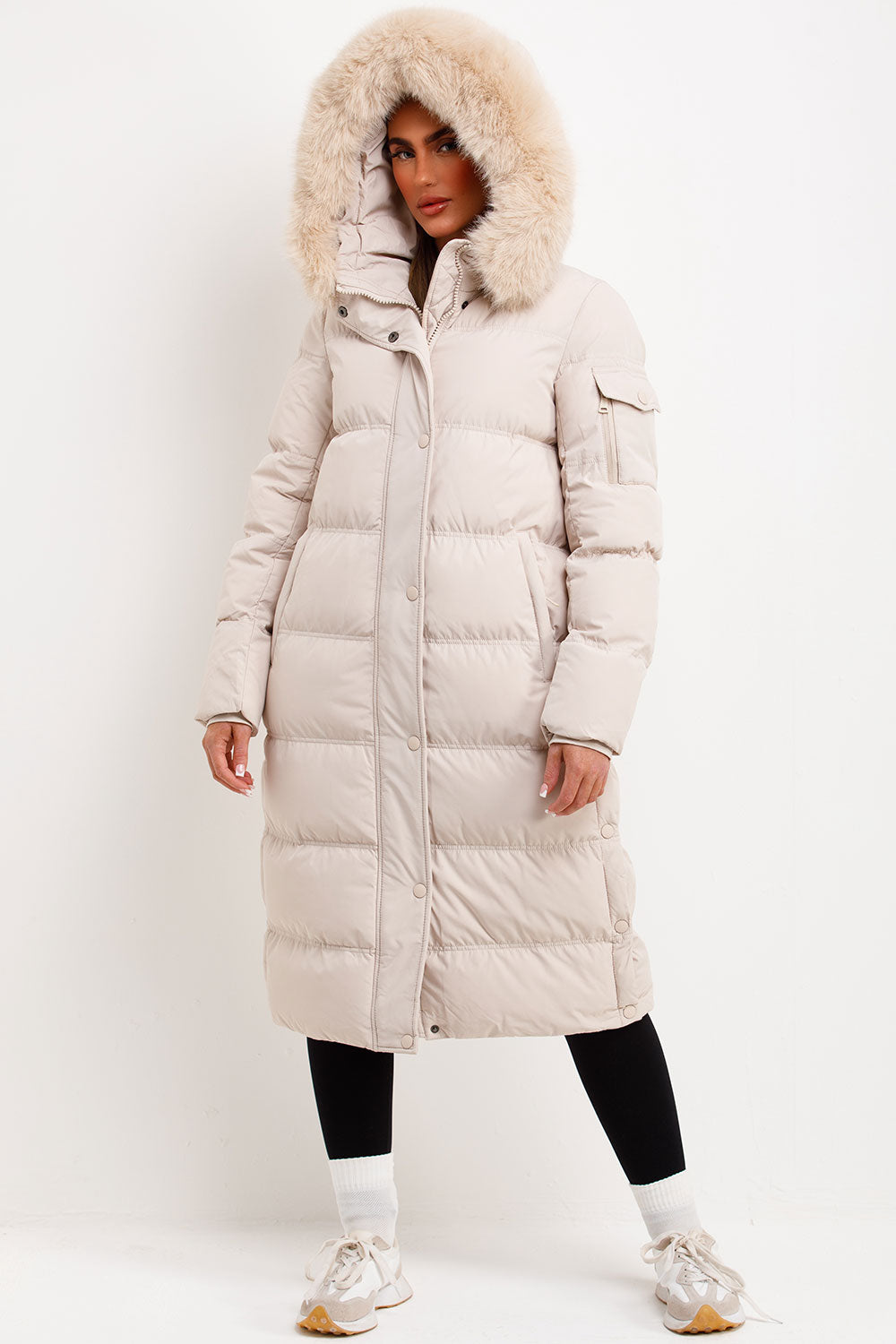 Long Puffer Coat With Fur Hood Beige