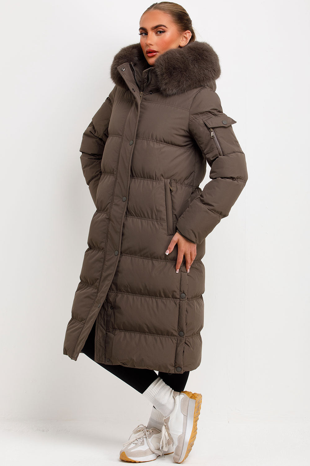 Long Puffer Coat With Fur Hood Khaki