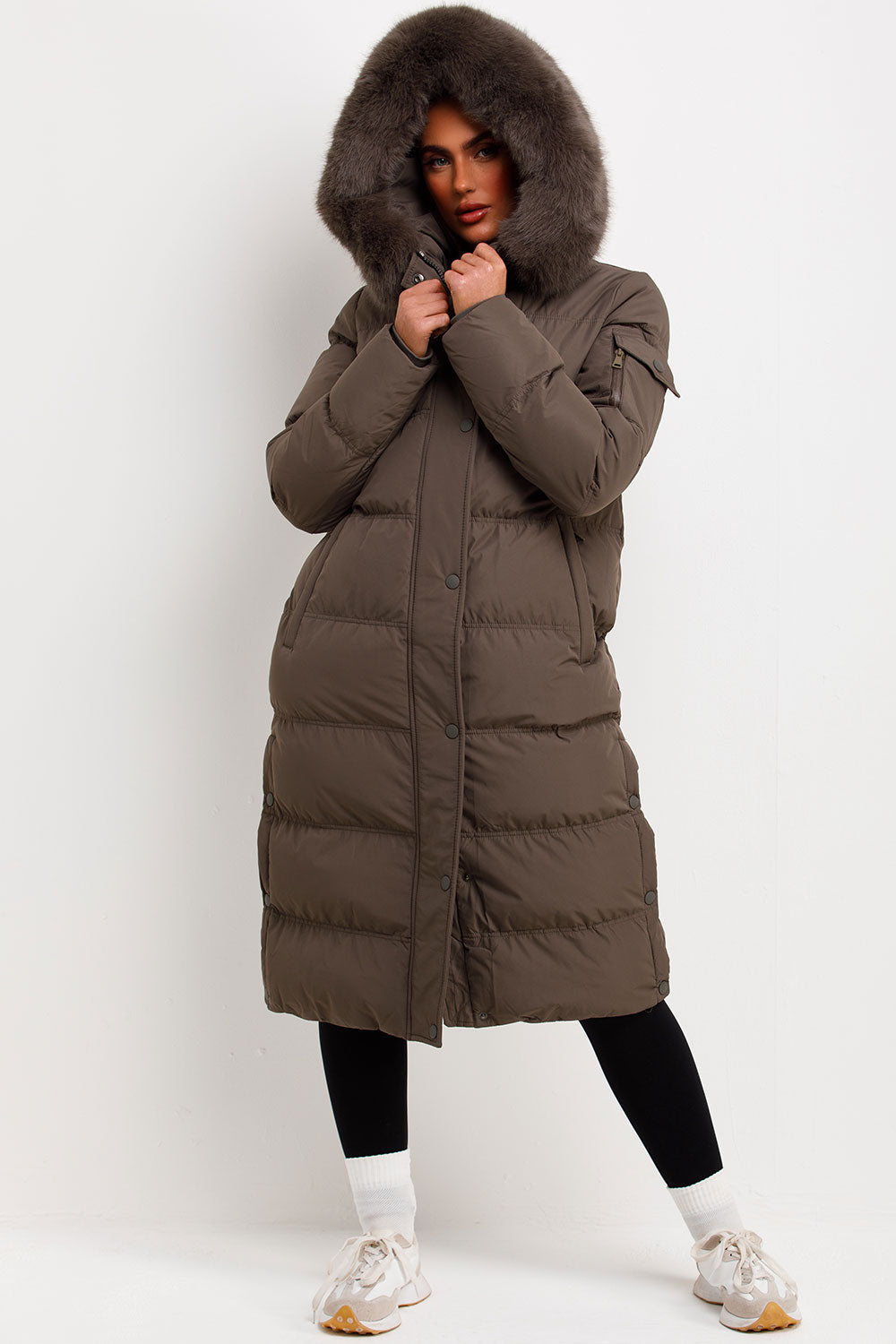 Long Puffer Coat With Fur Hood Khaki