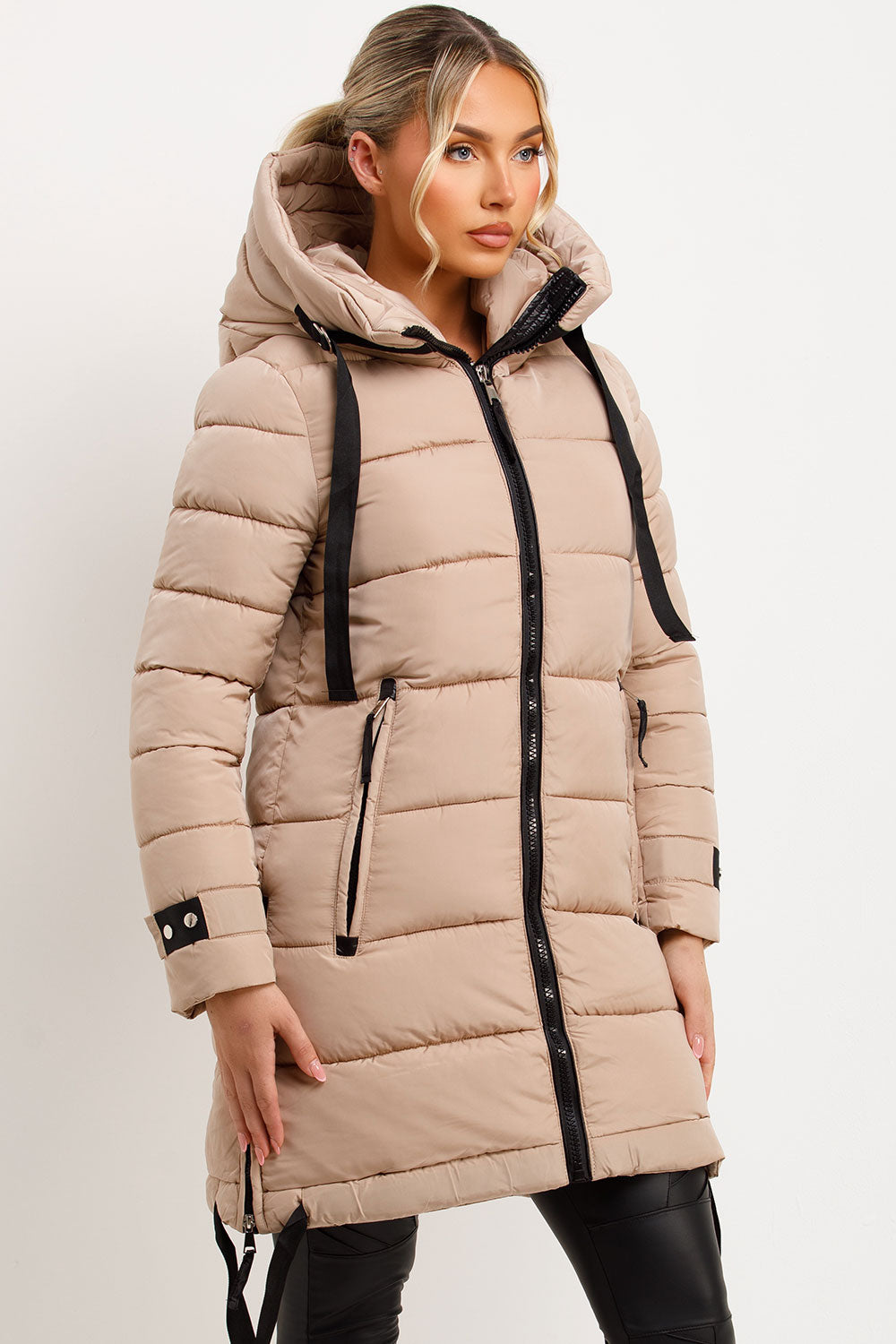 Long Puffer Coat With Hood And Side Straps Beige