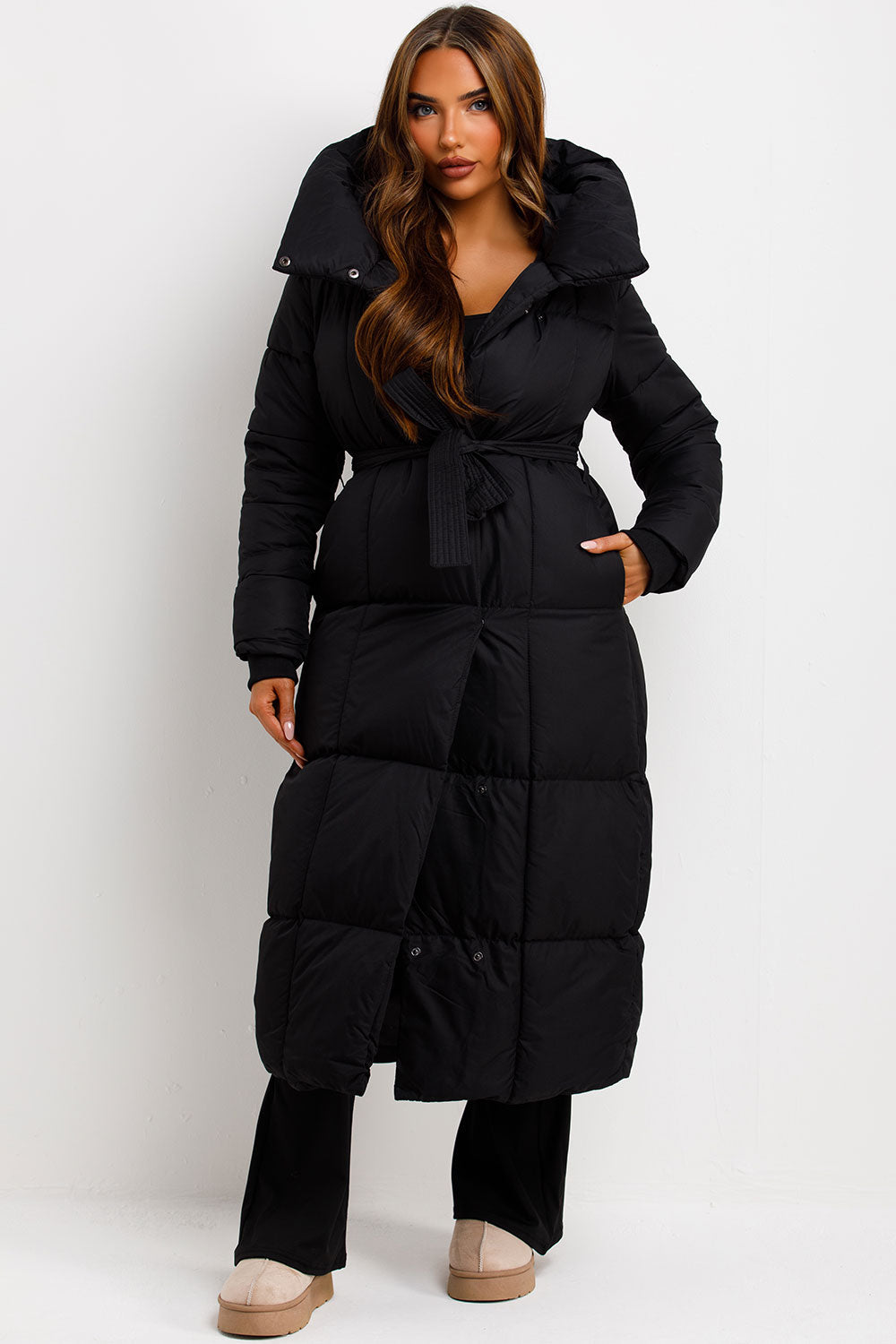 Long Puffer Coat With Hood And Belt Black