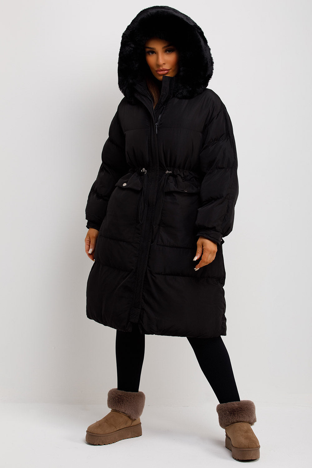 Long Black Puffer Coat With Faux Fur Hood And Drawstring Waist