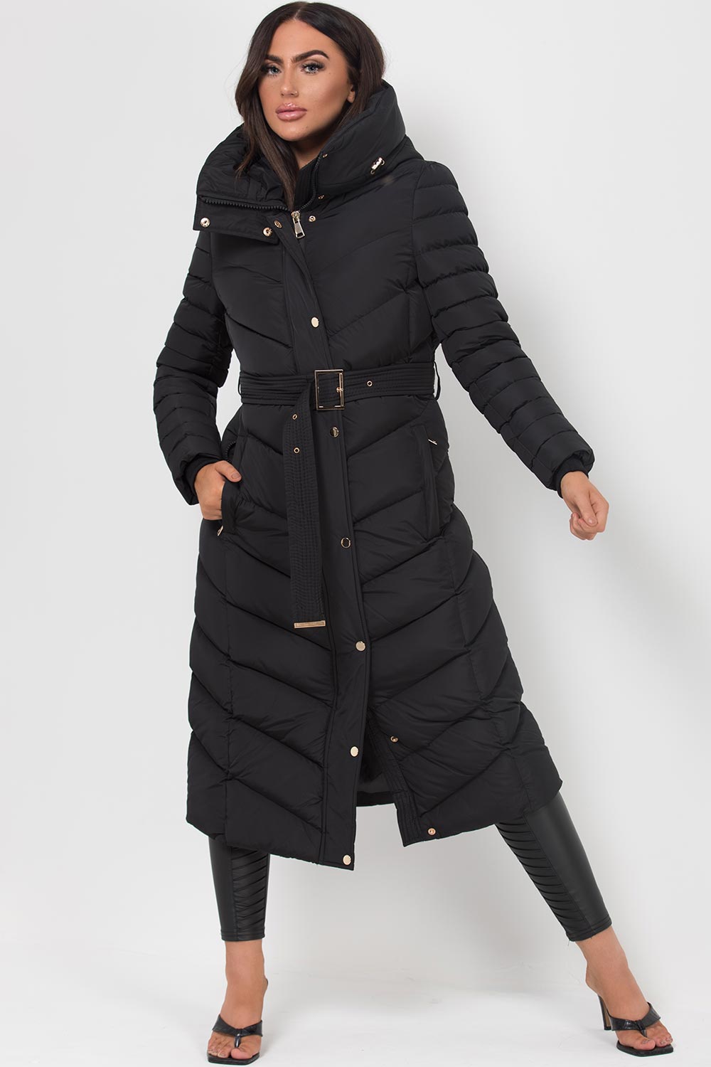 Long Puffer Down Coat With Belt Black