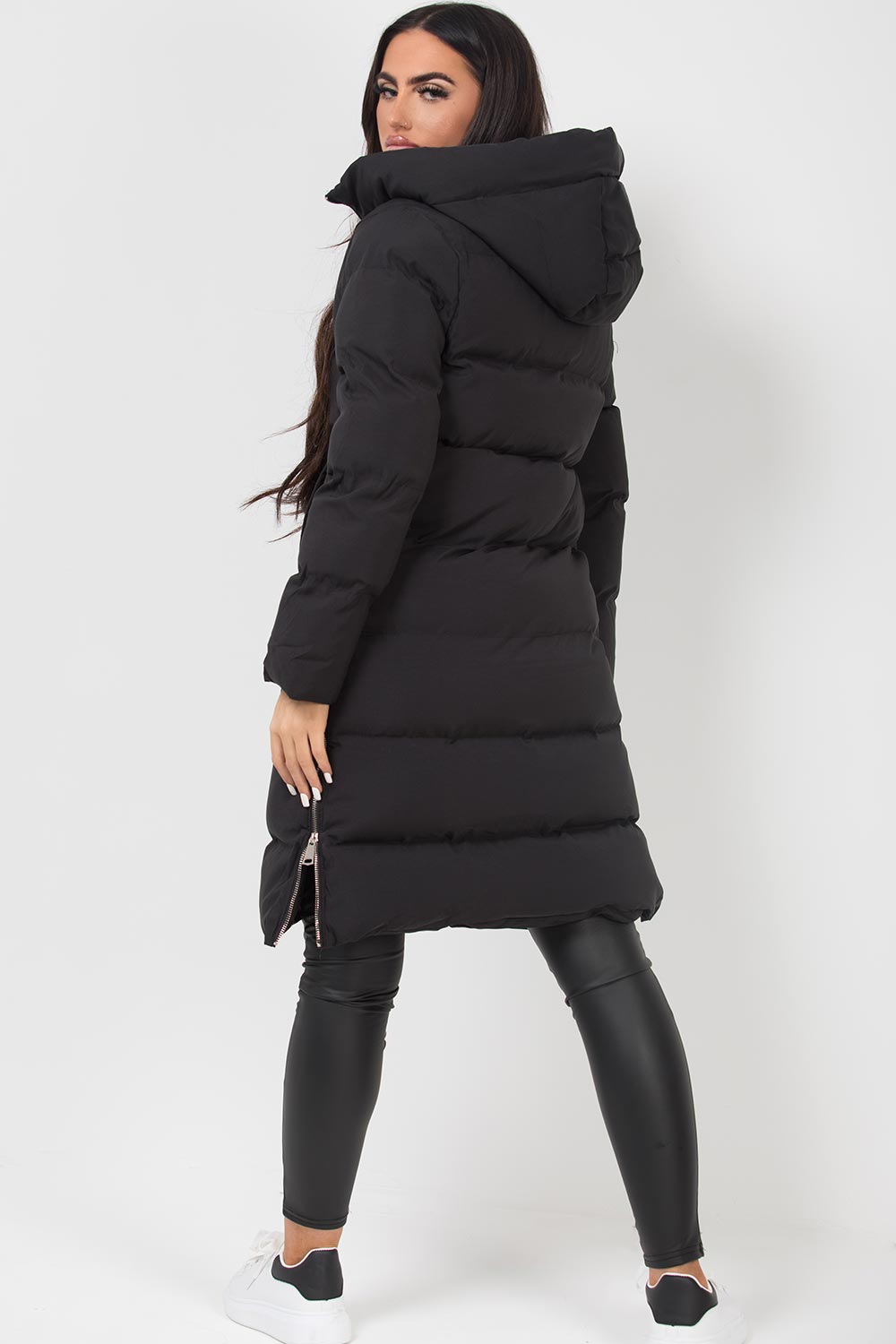 Long Puffer Coat With Side Zip Black